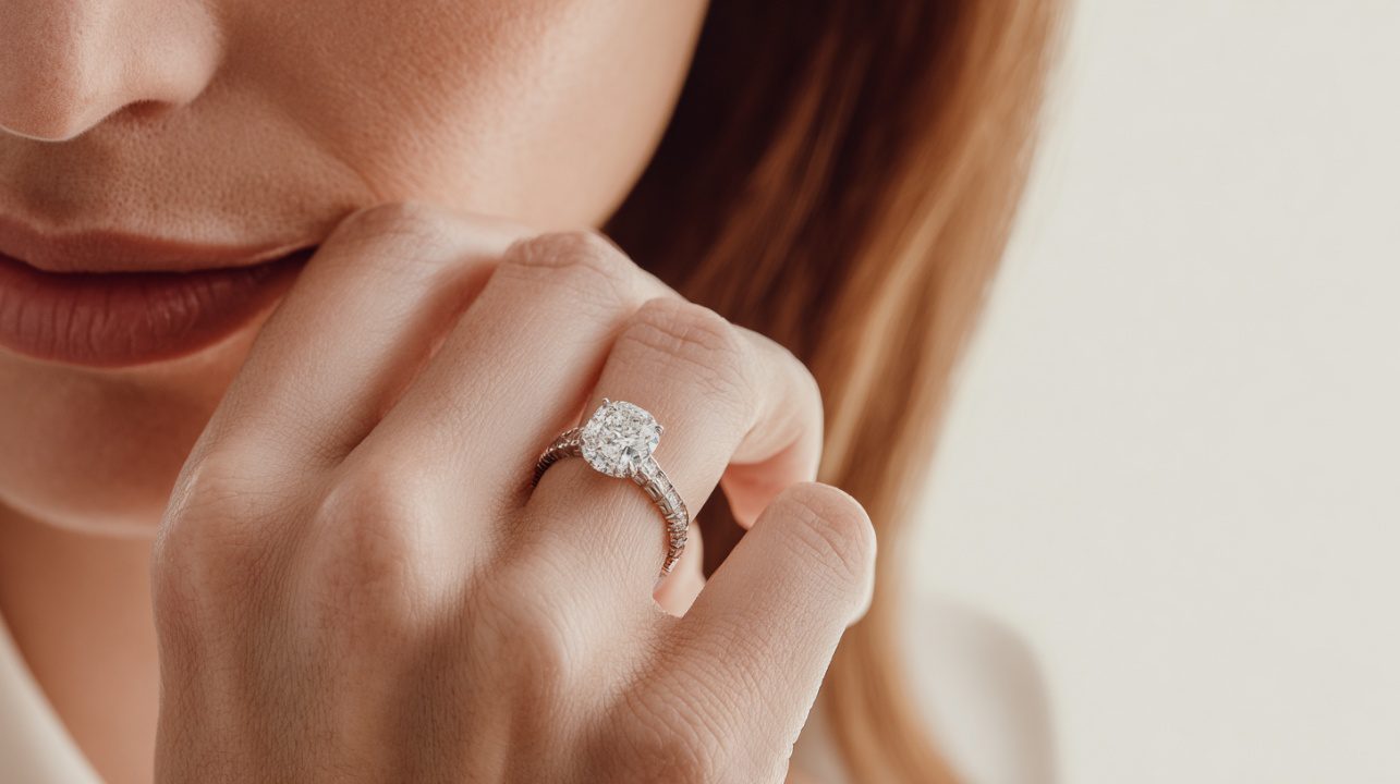 Close-up of a woman's hand wearing a brilliant diamond engagement ring, symbolizing love and elegance.