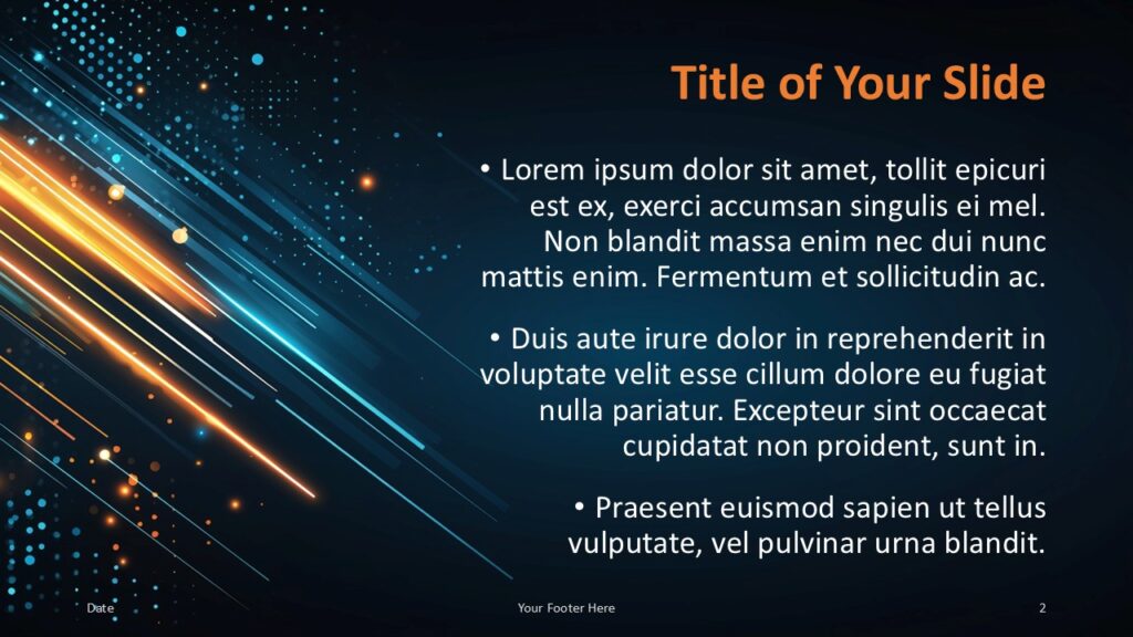 Digital Velocity Content Slide Layout Title and content slide from the Digital Velocity template with left-side digital streaks and a clean text layout for PowerPoint and Google Slides.