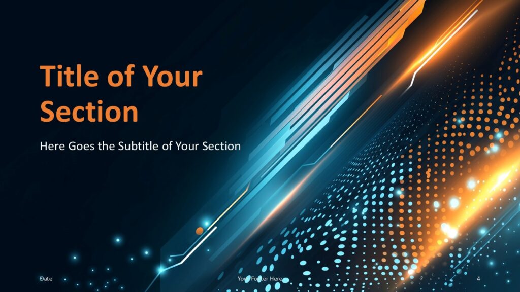 Digital Velocity Section Divider Slide Section divider slide from the Digital Velocity template with vibrant motion lines and bold orange headings for PowerPoint and Google Slides use.