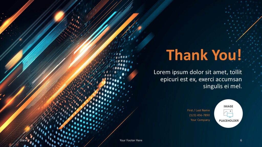 Digital Velocity Thank You Slide Thank You slide of the Digital Velocity template with contact placeholder and bright digital motion lines designed for PowerPoint and Google Slides.