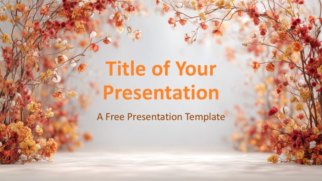 Fall Garden Arch Cover – PowerPoint & Google Slides Cover slide of Fall Garden Arch template for PowerPoint and Google Slides with a bright background and warm floral arch.