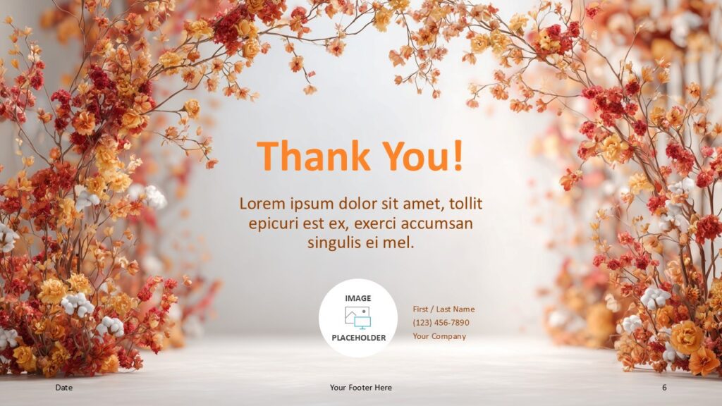 Fall Garden Arch Thank You – PowerPoint & Google Slides Thank you slide of Fall Garden Arch for PowerPoint and Google Slides with elegant floral frame and contact details.
