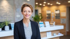 Professional woman in a dental office reception area, representing leadership in healthcare and dental administration.