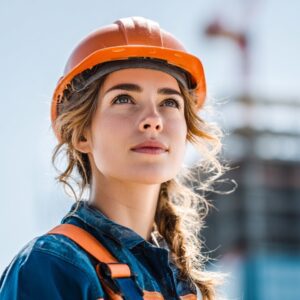 Confident young female electrician wearing an orange hard hat and blue workwear at a construction site, symbolizing safety and empowerment.