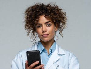 A confident female veterinary doctor wearing a lab coat and using a smartphone, representing modern healthcare and communication.