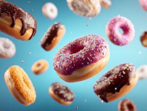 A variety of floating donuts with colorful icing and sprinkles on a blue background, mid-air motion.