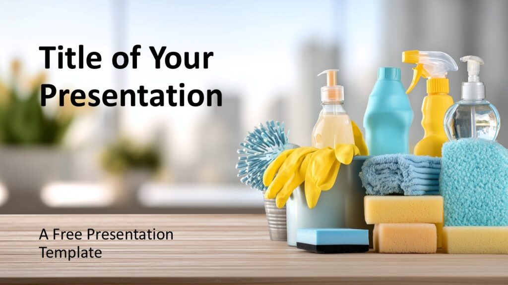Fresh Home Cleaning Cover Slide for PowerPoint Cover slide featuring home cleaning supplies and bright layout from the Fresh Home Cleaning presentation template for PowerPoint and Google Slides.