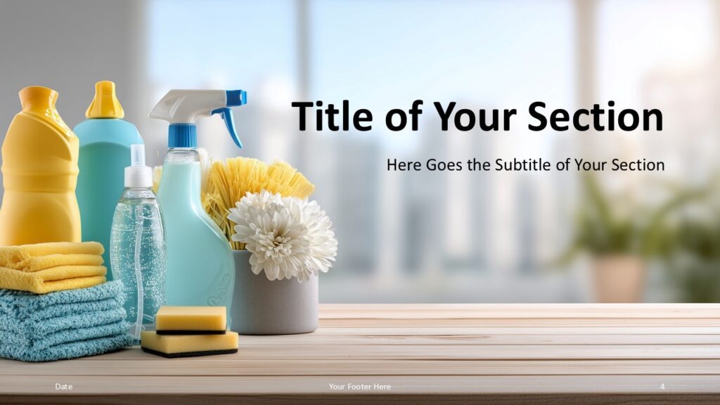 Fresh Home Cleaning Section Divider PowerPoint Section divider slide with bold heading and home cleaning visuals from the Fresh Home Cleaning template for PowerPoint and Google Slides.