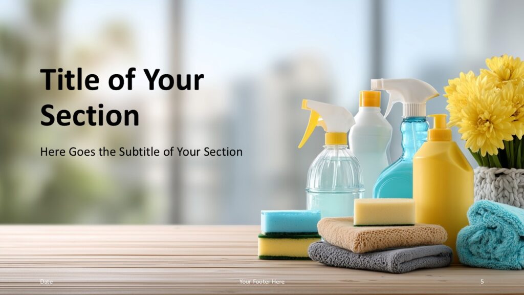 Cleaning Template Section Divider PowerPoint Alternate section divider slide featuring bright cleaning elements and clear headings in the Fresh Home Cleaning template for PowerPoint and Google Slides.