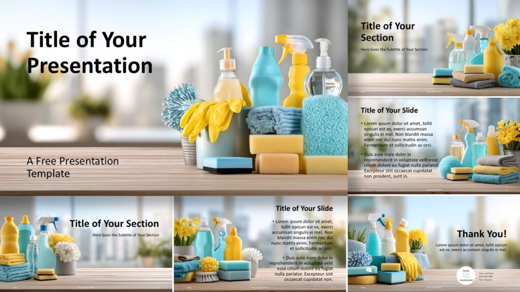 Fresh Home Cleaning Template Preview PowerPoint Template preview displaying clean home care visuals and layouts from the Fresh Home Cleaning template for PowerPoint and Google Slides presentations.