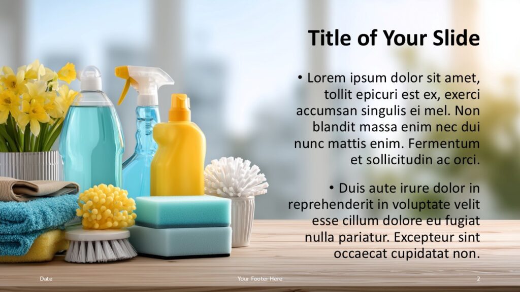 Fresh Home Cleaning Title Layout PowerPoint Title and content layout showing home cleaning imagery and structured text placement from this template for PowerPoint and Google Slides presentations.