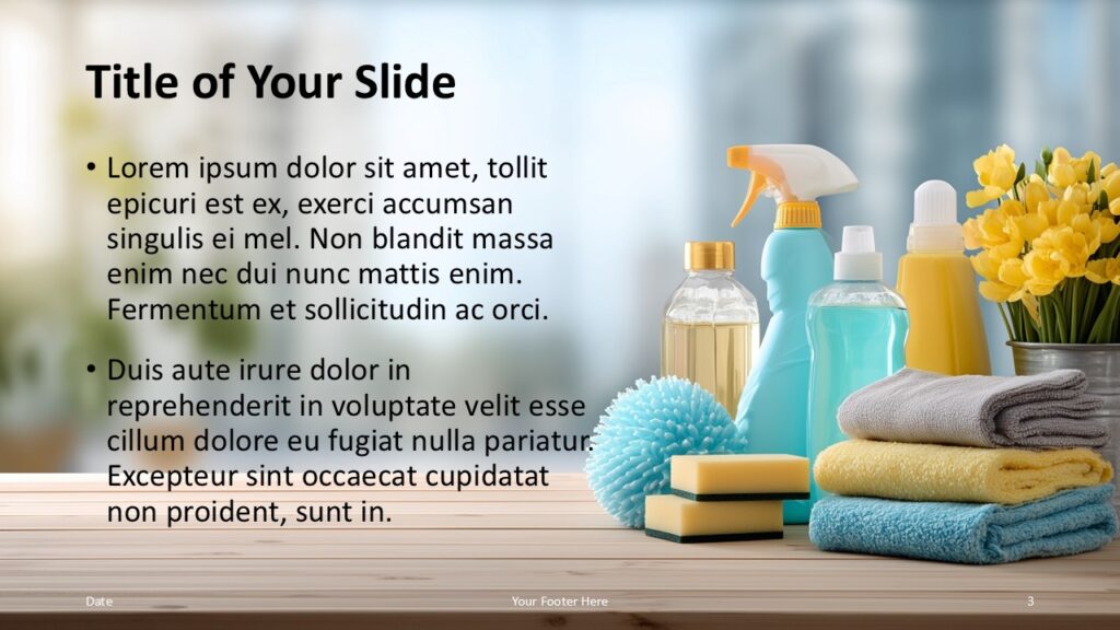 Fresh Cleaning Title Content Slide PowerPoint Second title and content layout featuring bright visuals and organized text design from the Fresh Home Cleaning template for PowerPoint and Google Slides.