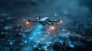 A sleek futuristic drone hovers over a glowing digital city, scanning with an orange and blue interface, symbolizing tech innovation.