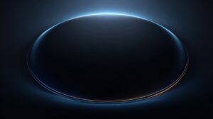3D render of a smooth black futuristic orb with glowing blue and purple edges on a dark background, evoking a sci-fi and tech aesthetic.