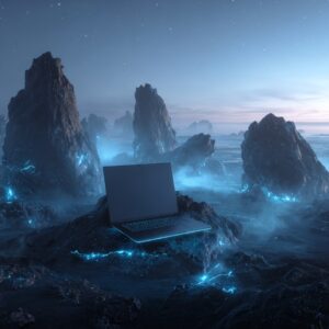 A futuristic laptop mockup resting on glowing black rocks in a misty sci-fi environment, ideal for digital design presentations.