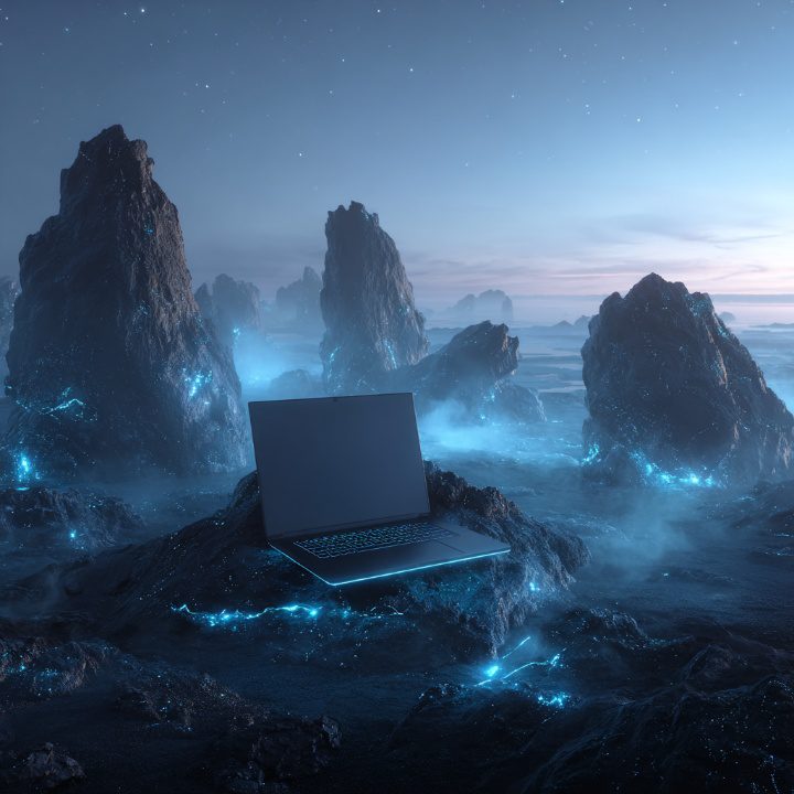 A futuristic laptop mockup resting on glowing black rocks in a misty sci-fi environment, ideal for digital design presentations.