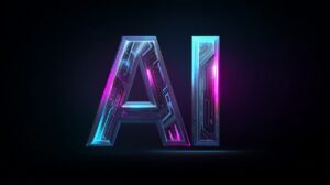 Digital AI logo with futuristic typography and neon circuitry, glowing in blue and pink against a black background.