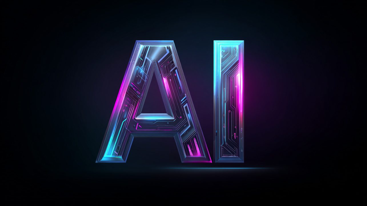 Digital AI logo with futuristic typography and neon circuitry, glowing in blue and pink against a black background.
