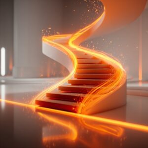 Hyper-realistic 3D staircase with glowing orange light trails in a futuristic interior, symbolizing innovation and motion.