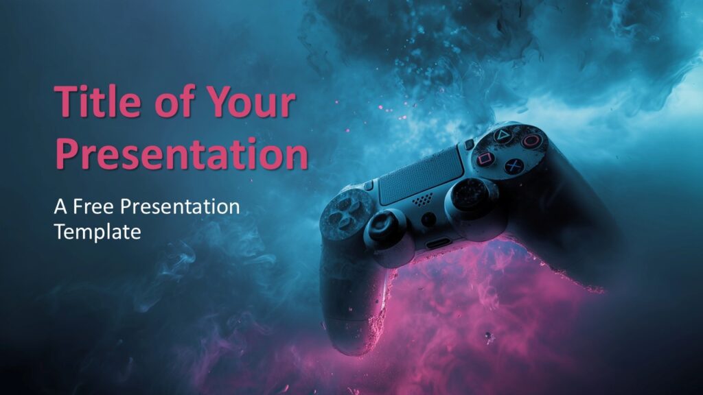 Game Zone Cover Slide Template for PowerPoint and Google Slides Cover slide design of Game Zone PowerPoint and Google Slides template with vivid neon smoke and game controller background.