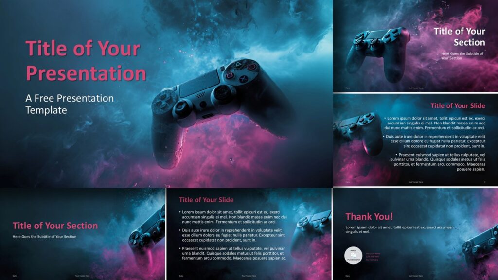 Preview of Game Zone PowerPoint and Google Slides template showing neon blue and magenta slides with gaming-inspired design.
