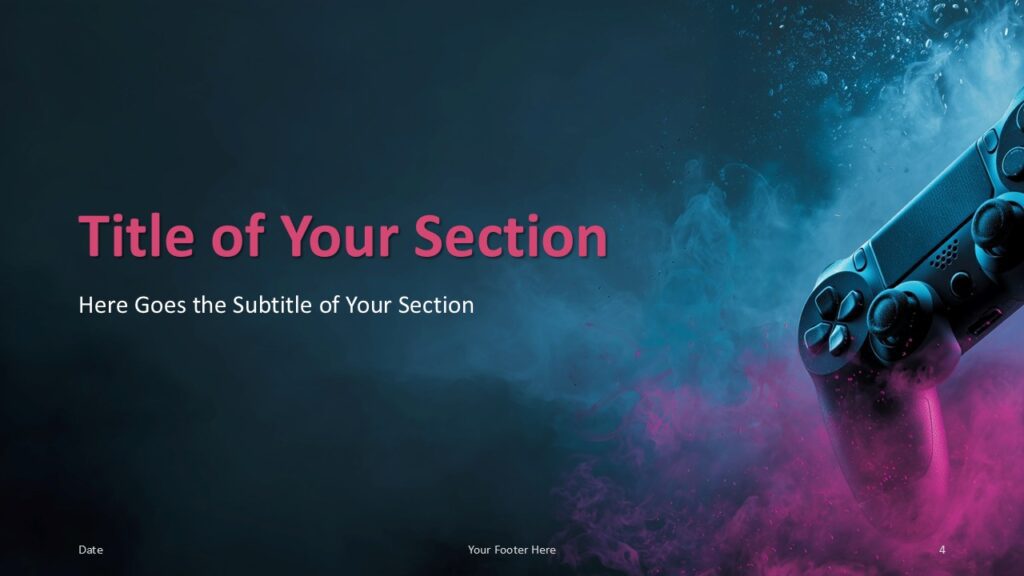 Game Zone Section Divider 1 for PowerPoint and Google Slides Section divider slide of Game Zone PowerPoint and Google Slides template showing pink text on blue smoke background.