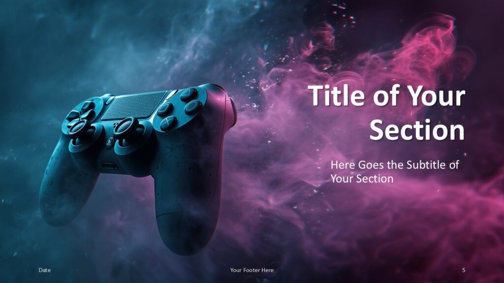 Game Zone Section Divider 2 for PowerPoint and Google Slides Right-aligned section divider of Game Zone PowerPoint and Google Slides presentation with magenta and blue smoke gradient.
