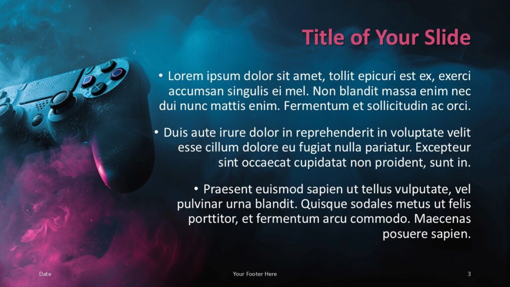 Game Zone Title Layout 2 for PowerPoint and Google Slides Second title layout of Game Zone PowerPoint and Google Slides template with right-aligned text and vivid vapor background.