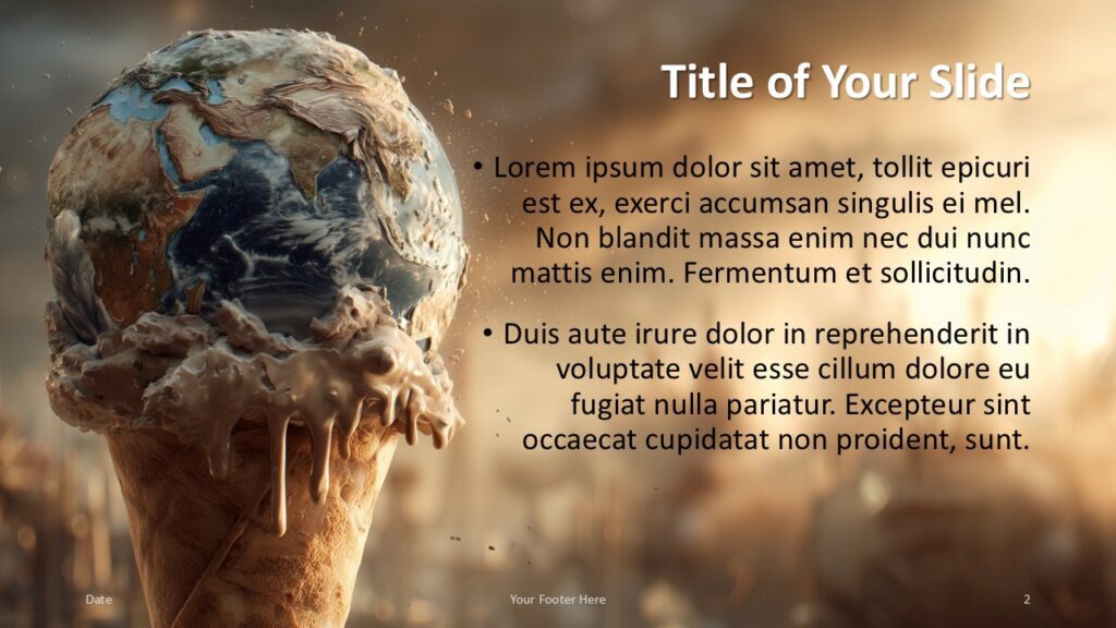 Global Warming PowerPoint and Google Slides Template – Content Layout 1 Content layout slide of the Global Warming template for PowerPoint and Google Slides with image left and text right in warm orange tones.