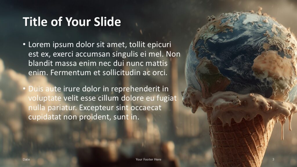 Global Warming Template for PowerPoint and Google Slides – Content Layout 2 Second layout of the Global Warming PowerPoint and Google Slides template with dark background and text left for visual variety.