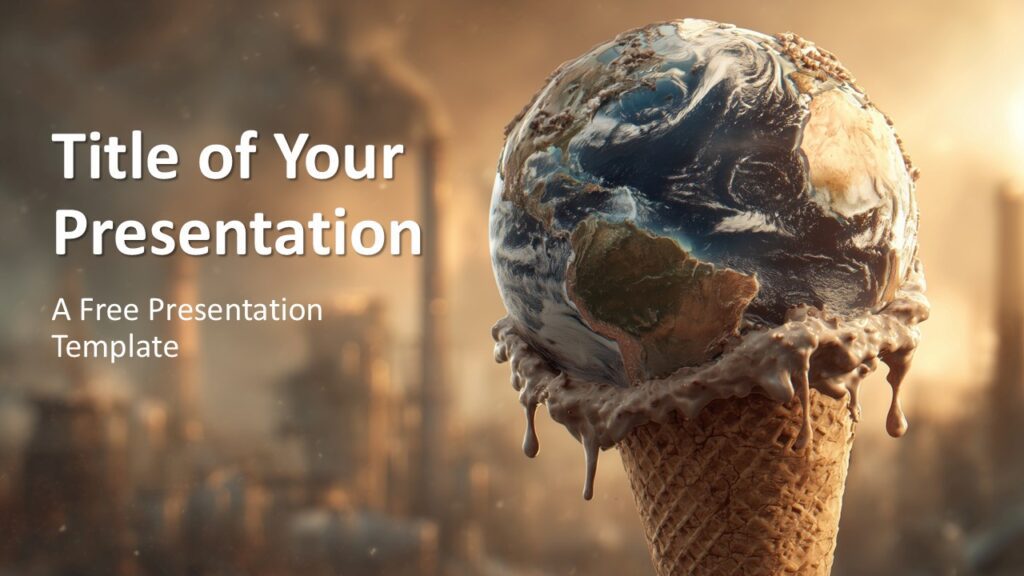 Global Warming PowerPoint and Google Slides Template – Cover Design Cover slide of the Global Warming PowerPoint and Google Slides template featuring a melting Earth ice-cream cone and bold headline style.