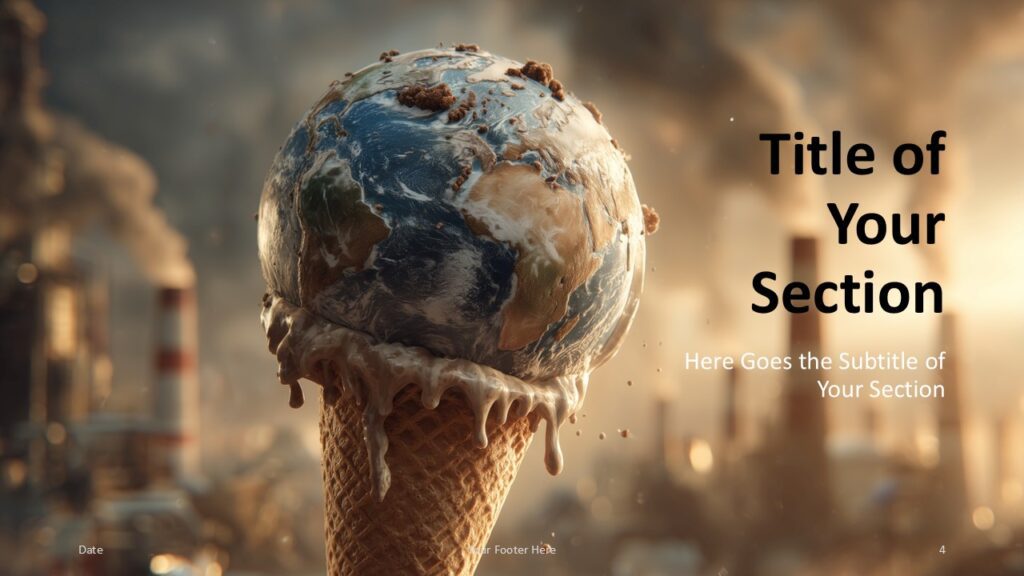 Global Warming PowerPoint and Google Slides Template – Section Divider 1 Divider slide of the Global Warming PowerPoint and Google Slides template featuring centered melting Earth visual and minimal heading text.