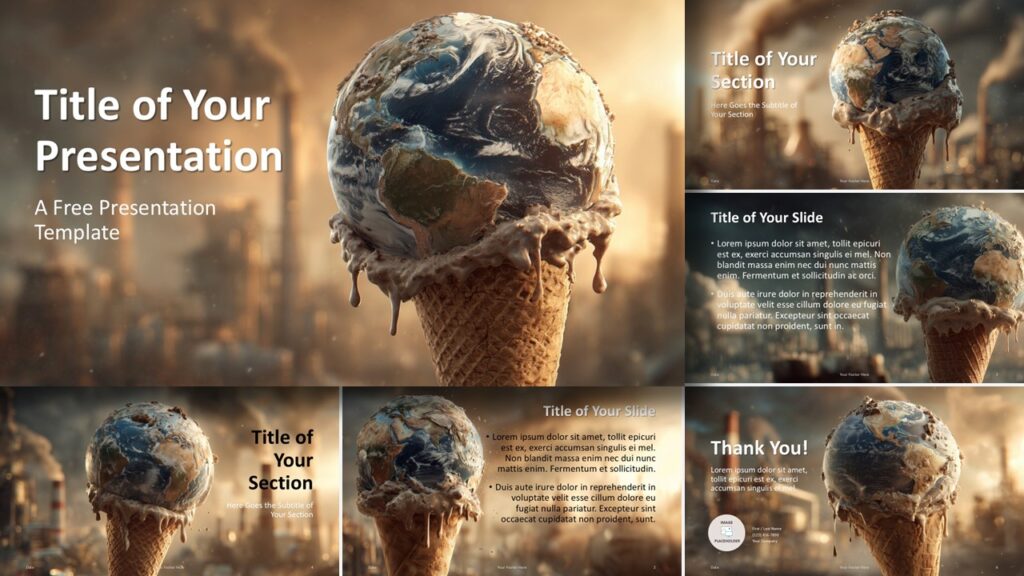 Preview of the Global Warming template for PowerPoint and Google Slides highlighting climate change visuals and orange eco-themed backgrounds.