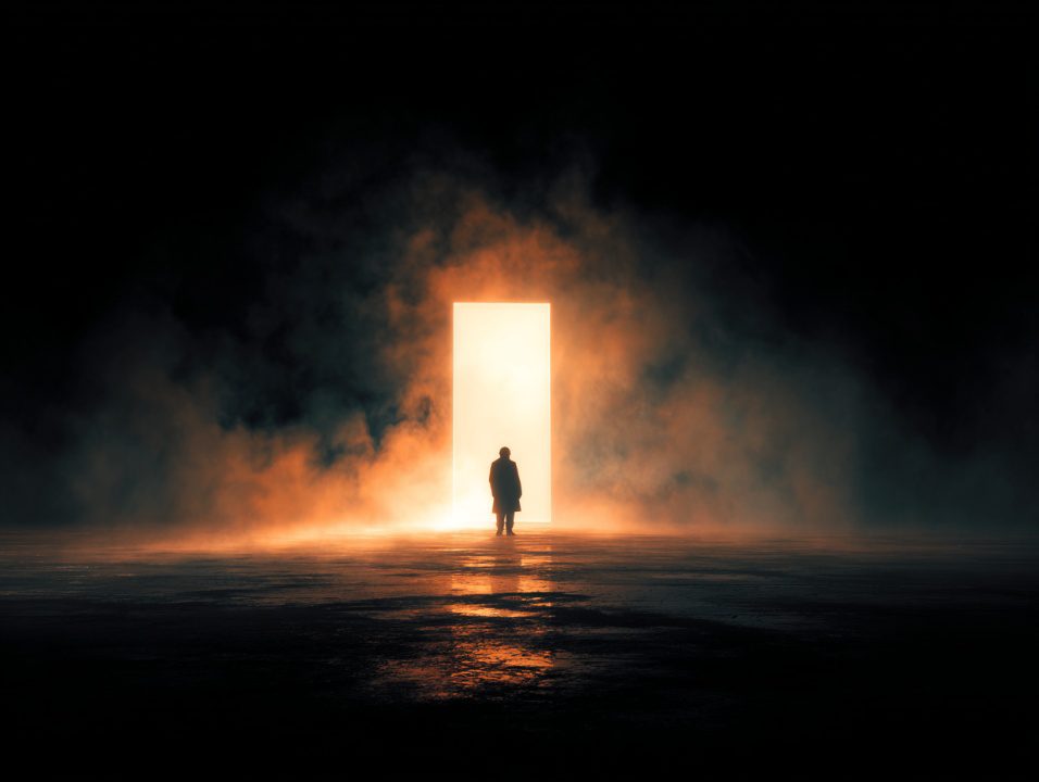 A silhouette of a person stands before a glowing door surrounded by fog in a cinematic scene.
