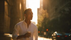 Man in a white shirt holding coffee, walking through a sunlit urban street during golden hour, with cinematic light and warm tones.