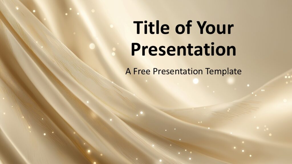 Golden Satin Silk Cover Slide PowerPoint Cover slide of the Golden Satin Silk template designed for PowerPoint and Google Slides featuring soft champagne satin folds and elegant sparkles.