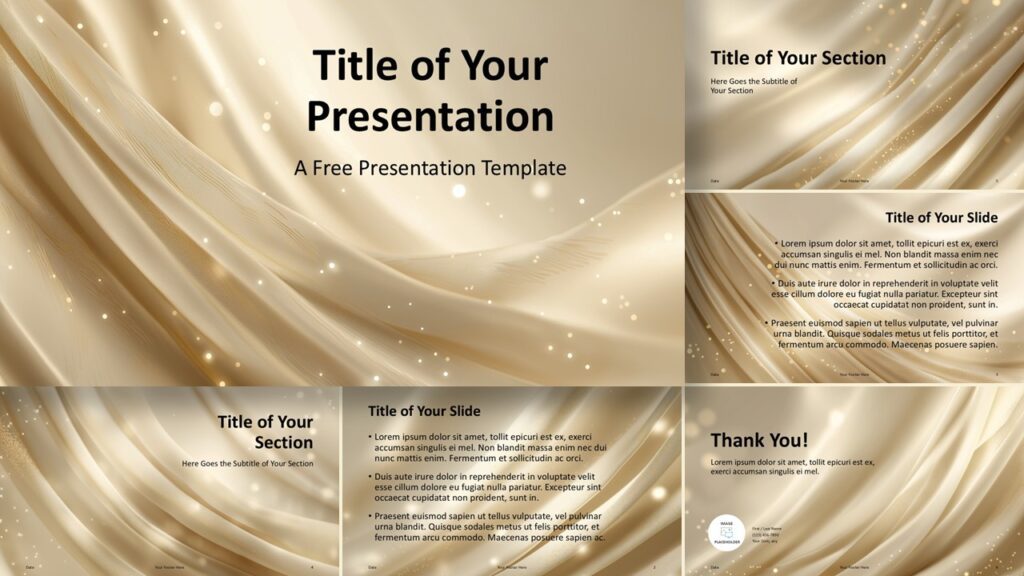 Golden Satin Silk presentation template preview designed for PowerPoint and Google Slides with warm champagne satin textures across coordinated slide layouts.