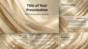 Golden Satin Silk presentation template preview designed for PowerPoint and Google Slides with warm champagne satin textures across coordinated slide layouts.