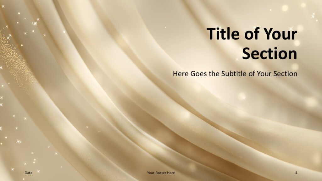 Golden Satin Silk Section Divider Section divider slide from the Golden Satin Silk template for PowerPoint and Google Slides using flowing satin textures for smooth topic transitions.