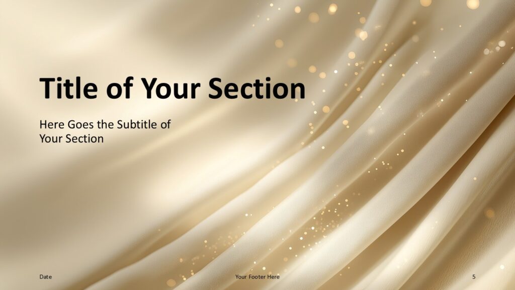 Golden Satin Silk Divider Slide Alternate section divider from the Golden Satin Silk template for PowerPoint and Google Slides highlighting soft golden fabric folds and shimmering accents.