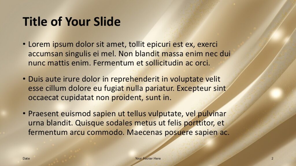 Golden Satin Silk Content Layout Title and content slide from the Golden Satin Silk template for PowerPoint and Google Slides with clean text space over soft golden satin drapery.