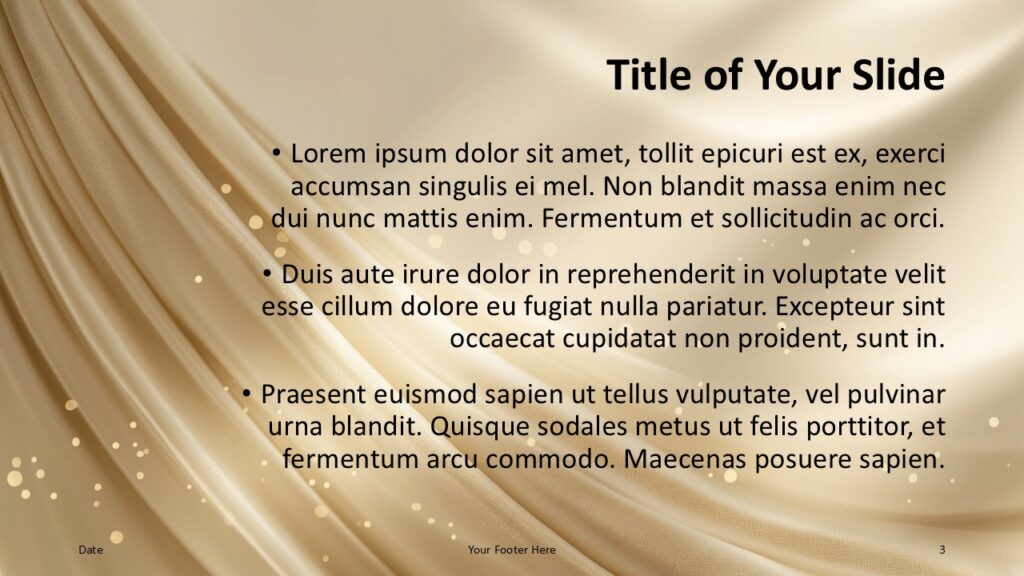 Golden Satin Silk Content Slide Second content layout of the Golden Satin Silk template for PowerPoint and Google Slides featuring a warm champagne satin background with subtle sparkles.