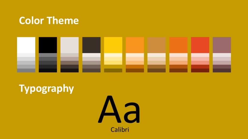 Color Palette and Fonts – Golden VPN Shield Template for PowerPoint and Google Slides Color palette showing warm gold and orange tones with Calibri font for PowerPoint and Google Slides designs.