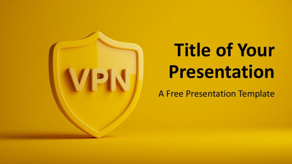 Cover Slide of Golden VPN Shield Template for PowerPoint and Google Slides Title slide with 3D golden shield symbol and clean layout for PowerPoint and Google Slides presentations.