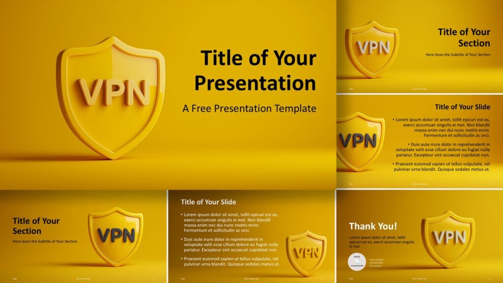 Modern cybersecurity presentation layout featuring golden 3D shield design for PowerPoint and Google Slides users.