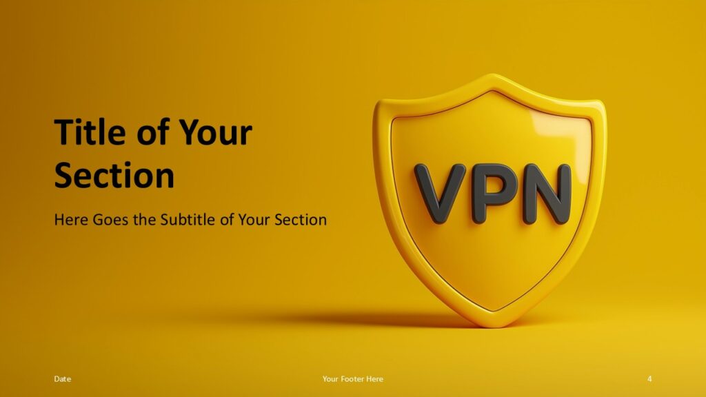 Section Divider 1 – Golden VPN Shield Template for PowerPoint and Google Slides Section divider slide with modern gold background and shield emblem designed for PowerPoint and Google Slides.