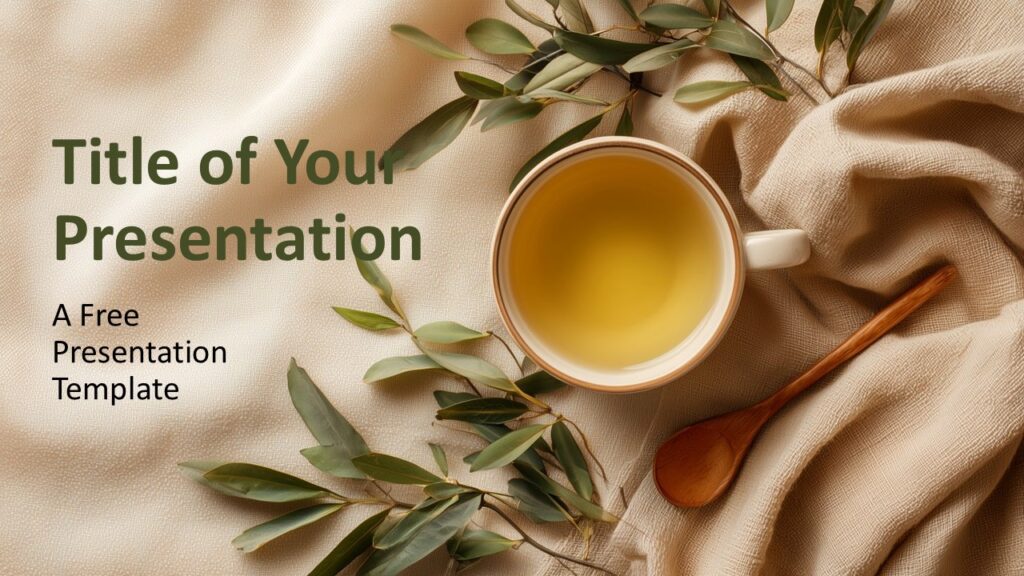 Herbal Tea Serenity Cover Slide Cover slide of the Herbal Tea Serenity template for PowerPoint and Google Slides with warm fabric textures and top-view tea photography for a relaxing look.