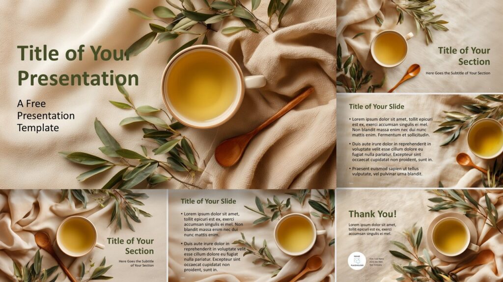 Template preview of the Herbal Tea Serenity design for PowerPoint and Google Slides featuring soft textures, herbal elements, and clean, calming layouts.