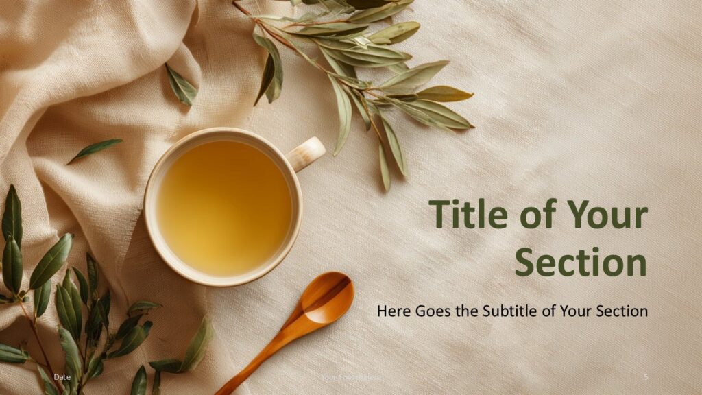 Herbal Tea Serenity Divider Slide Second section divider design in the Herbal Tea Serenity template for PowerPoint and Google Slides with warm tones and gentle herbal accents.