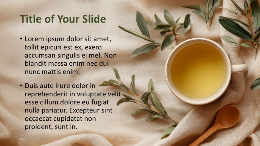 Herbal Tea Serenity Title Content Slide Title and content layout from the Herbal Tea Serenity template for PowerPoint and Google Slides showing beige tones, herbal leaves, and a clean text area.